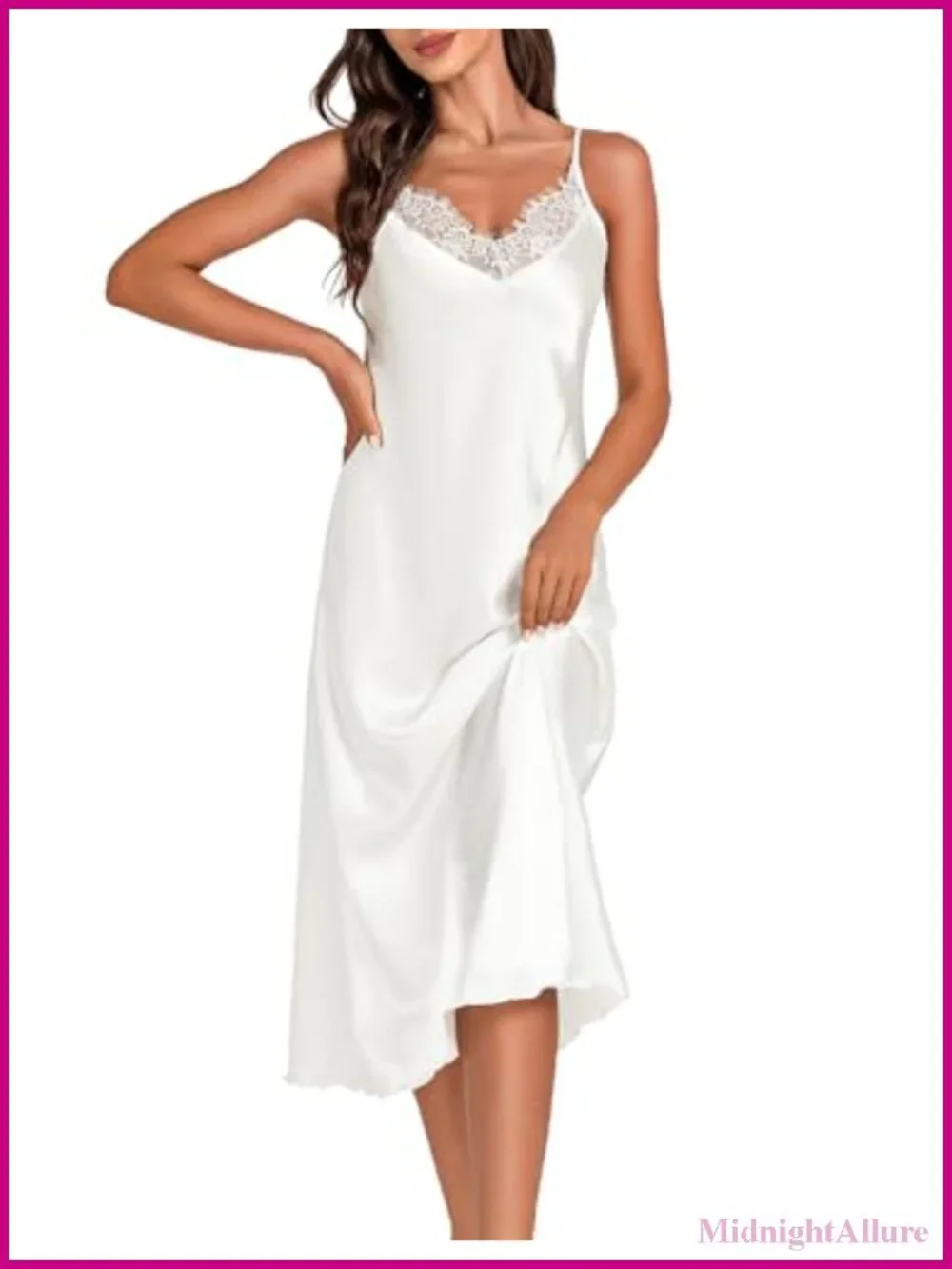 Women's Satin Long Nightgown Lace Trim Silk Slip Dress Adjustable Spaghetti